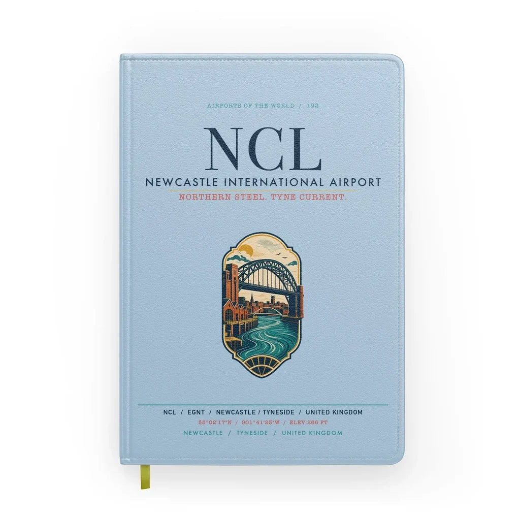 Newcastle International Airport (NCL) design on light blue notebook