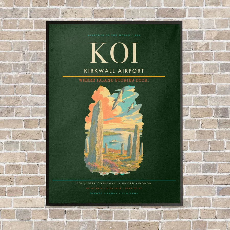 Kirkwall Airport KOI vertical canvas print - framed - dark green background