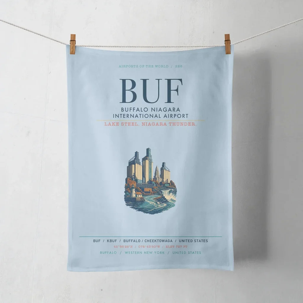 Buffalo Niagara International Airport (BUF) design on light blue towel