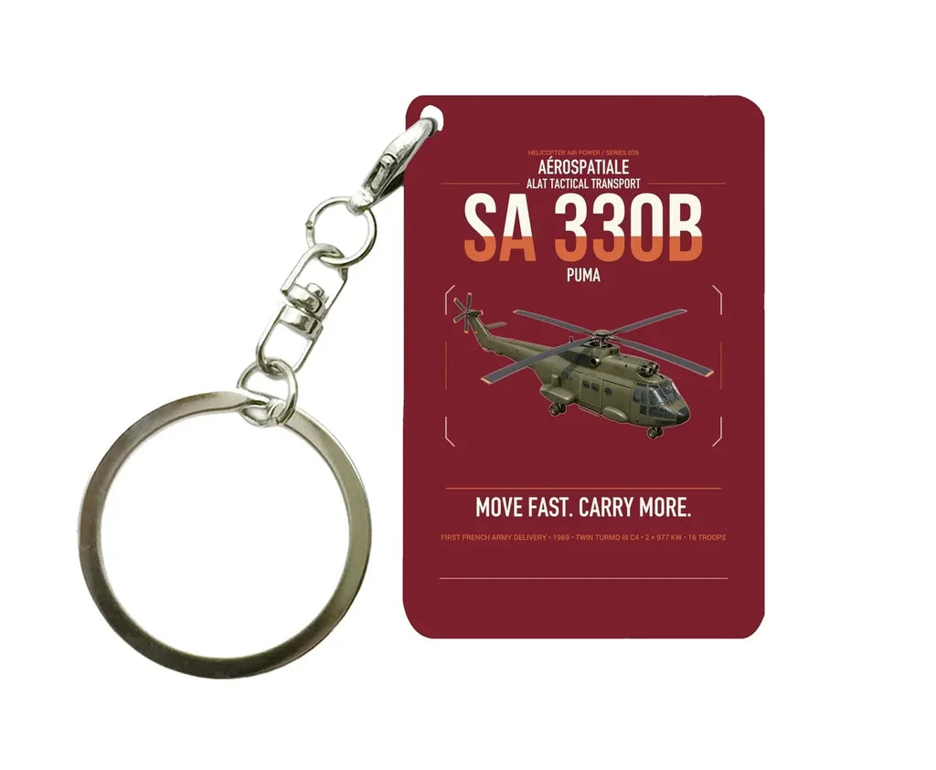 Aérospatiale SA 330B Puma design on dark red designed key chain, double-side print