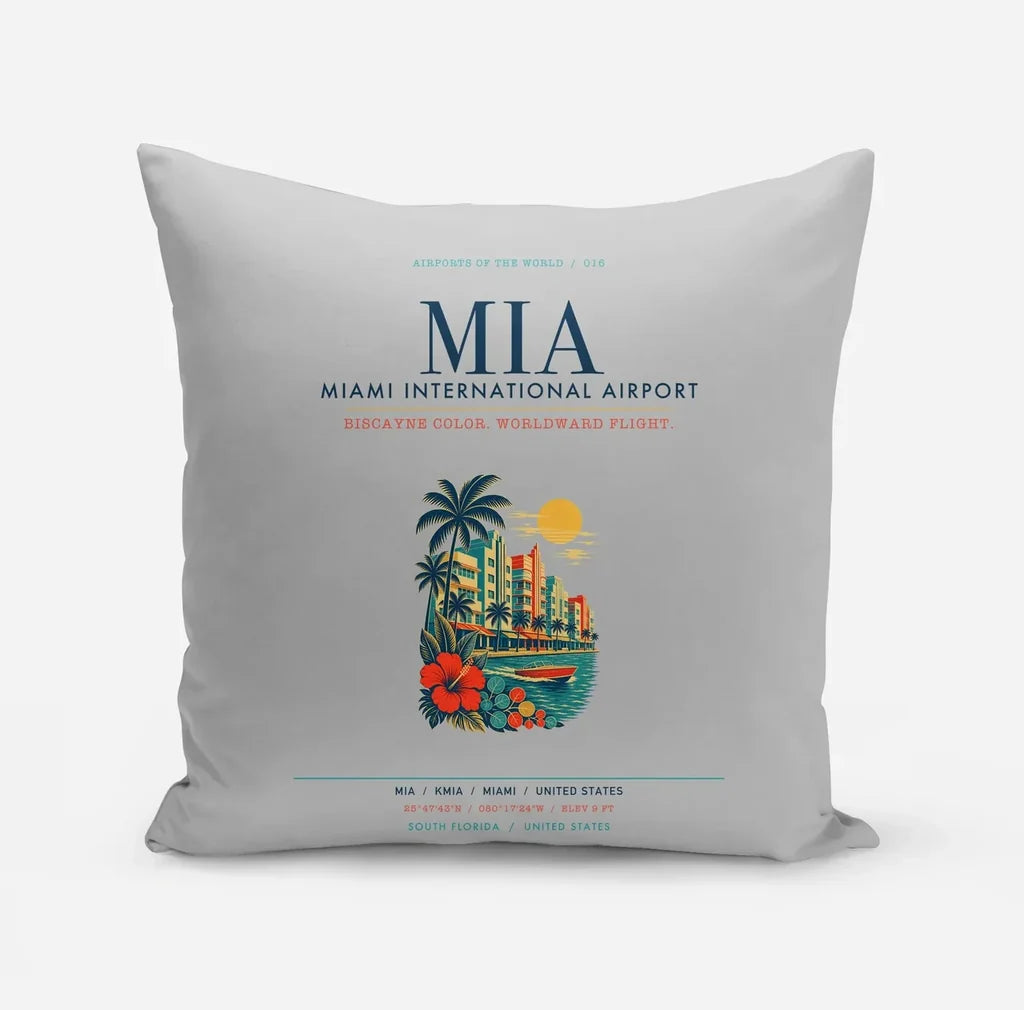 Miami International Airport (MIA) design on light gray pillow