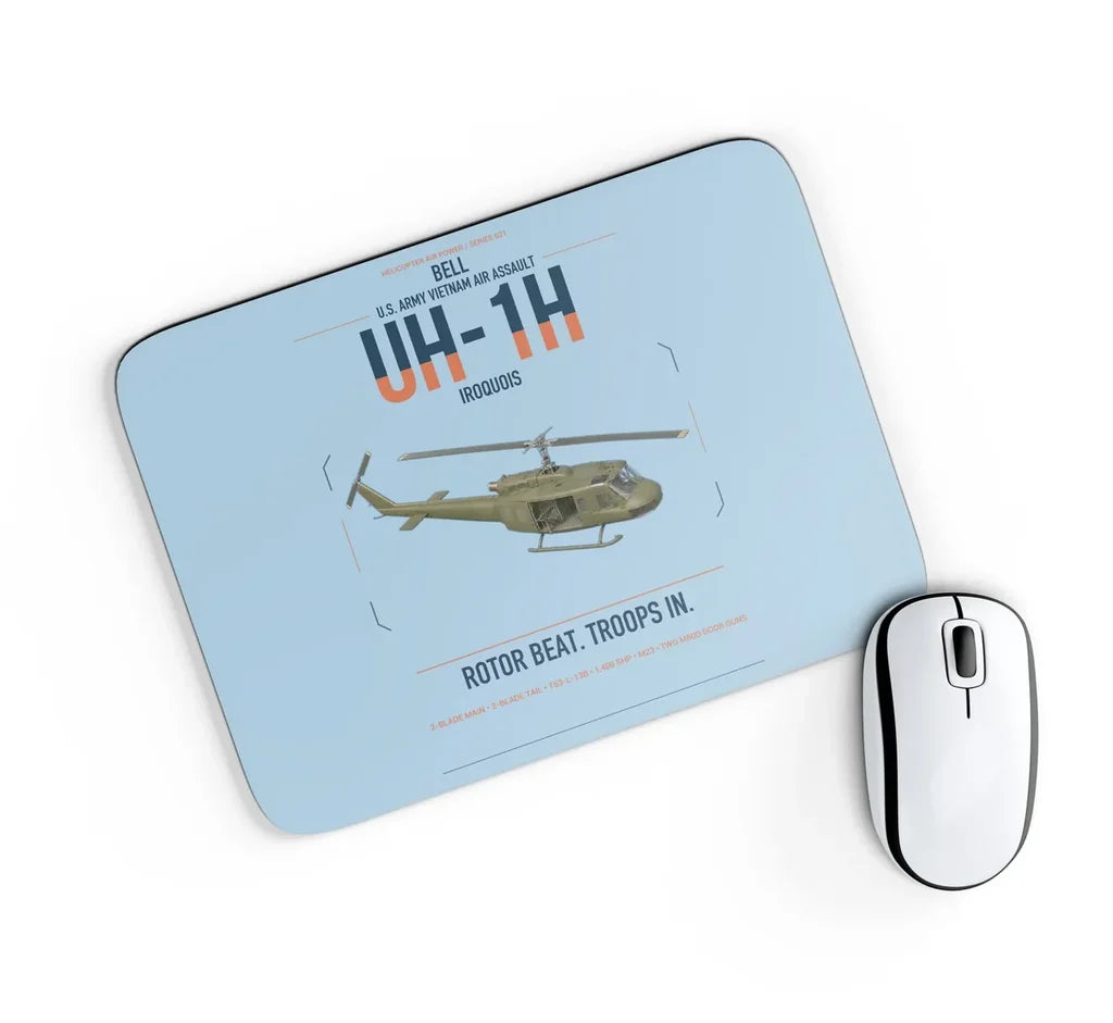 Bell UH-1H Iroquois design on light blue rectangle mouse pad