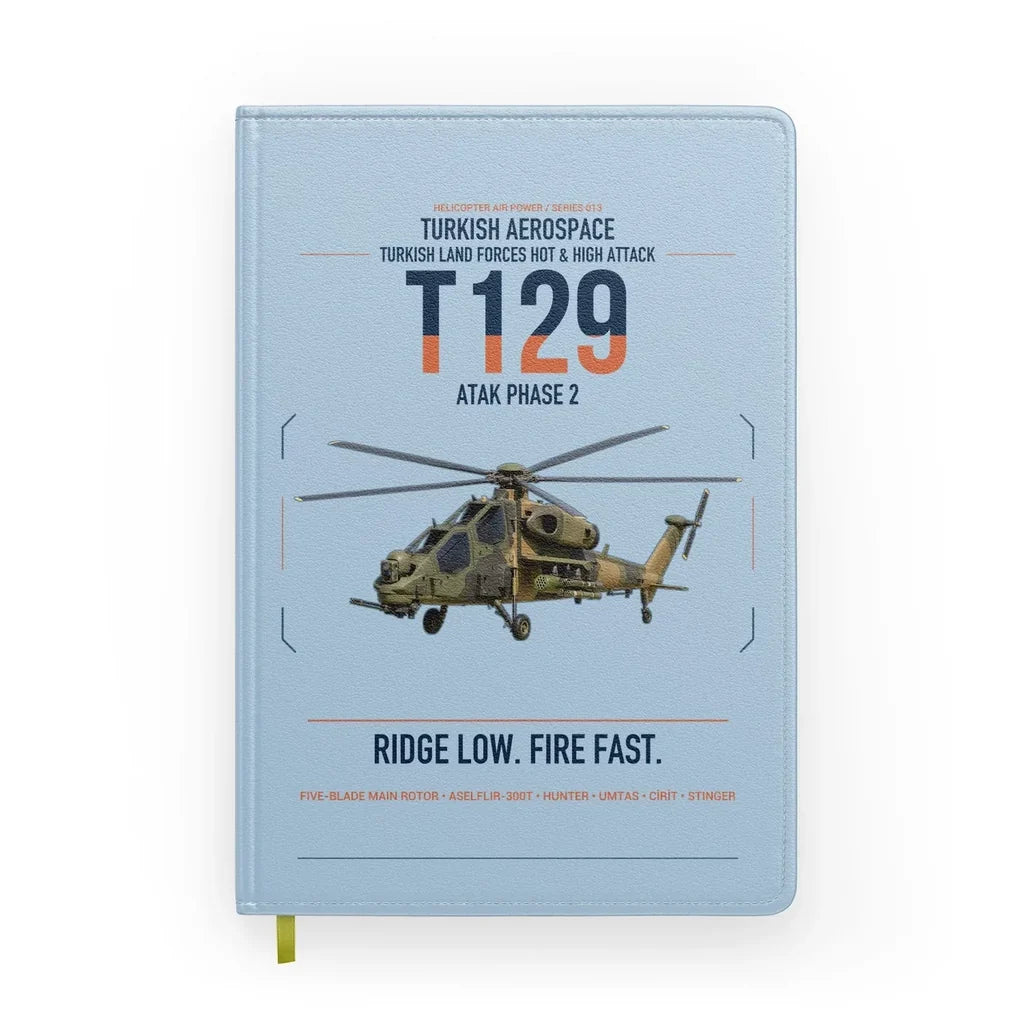 Turkish Aerospace T129 ATAK Phase 2 design on light blue notebook