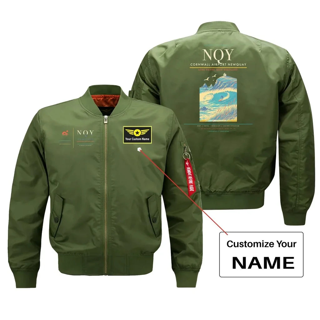 Cornwall Airport Newquay (NQY) design on green bomber jacket with custom name patch