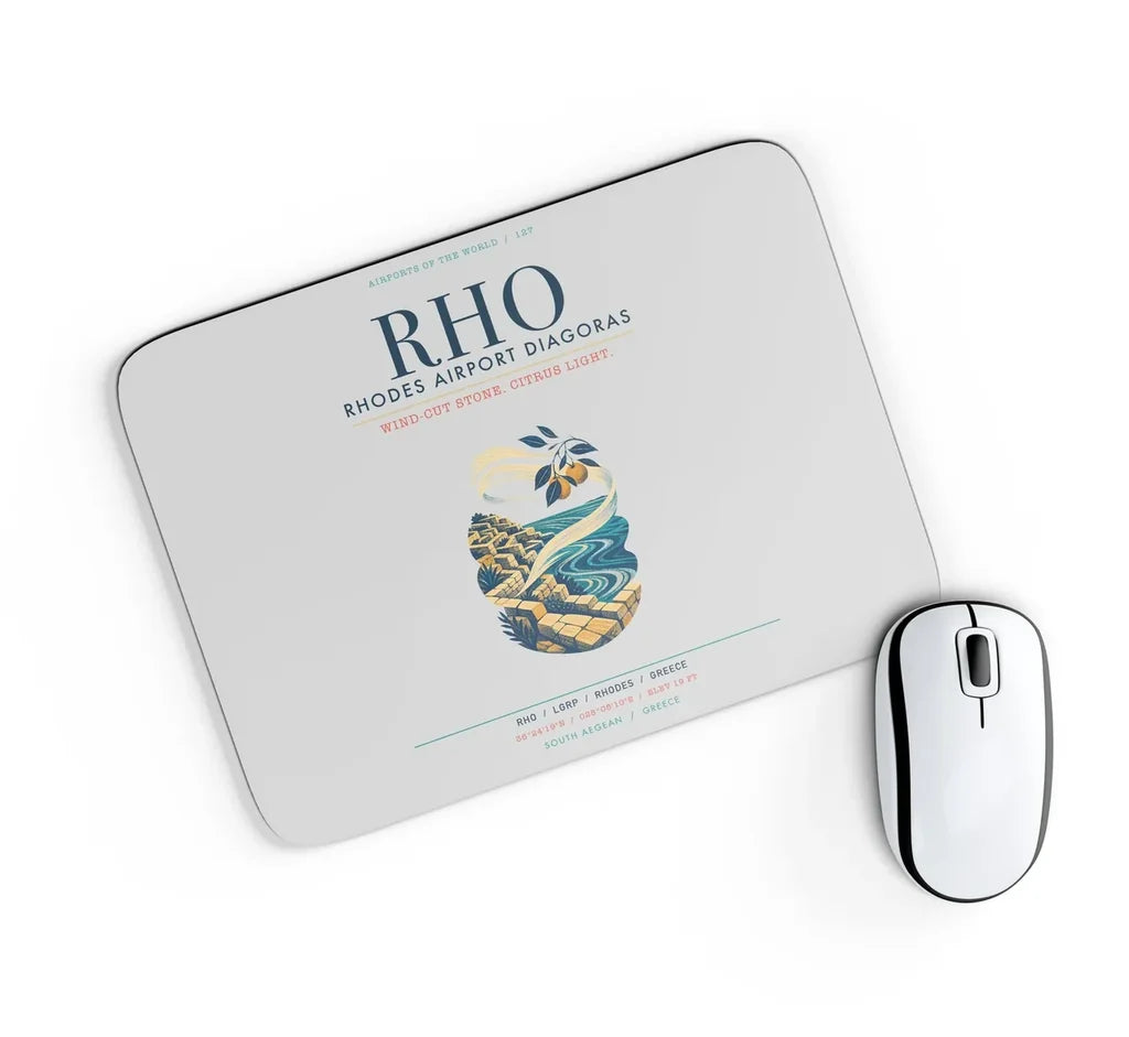 Rhodes Airport Diagoras (RHO) design on light gray rectangle mouse pad