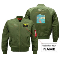 Thumbnail for Augusto C. Sandino International Airport (MGA) design on green bomber jacket with custom name patch