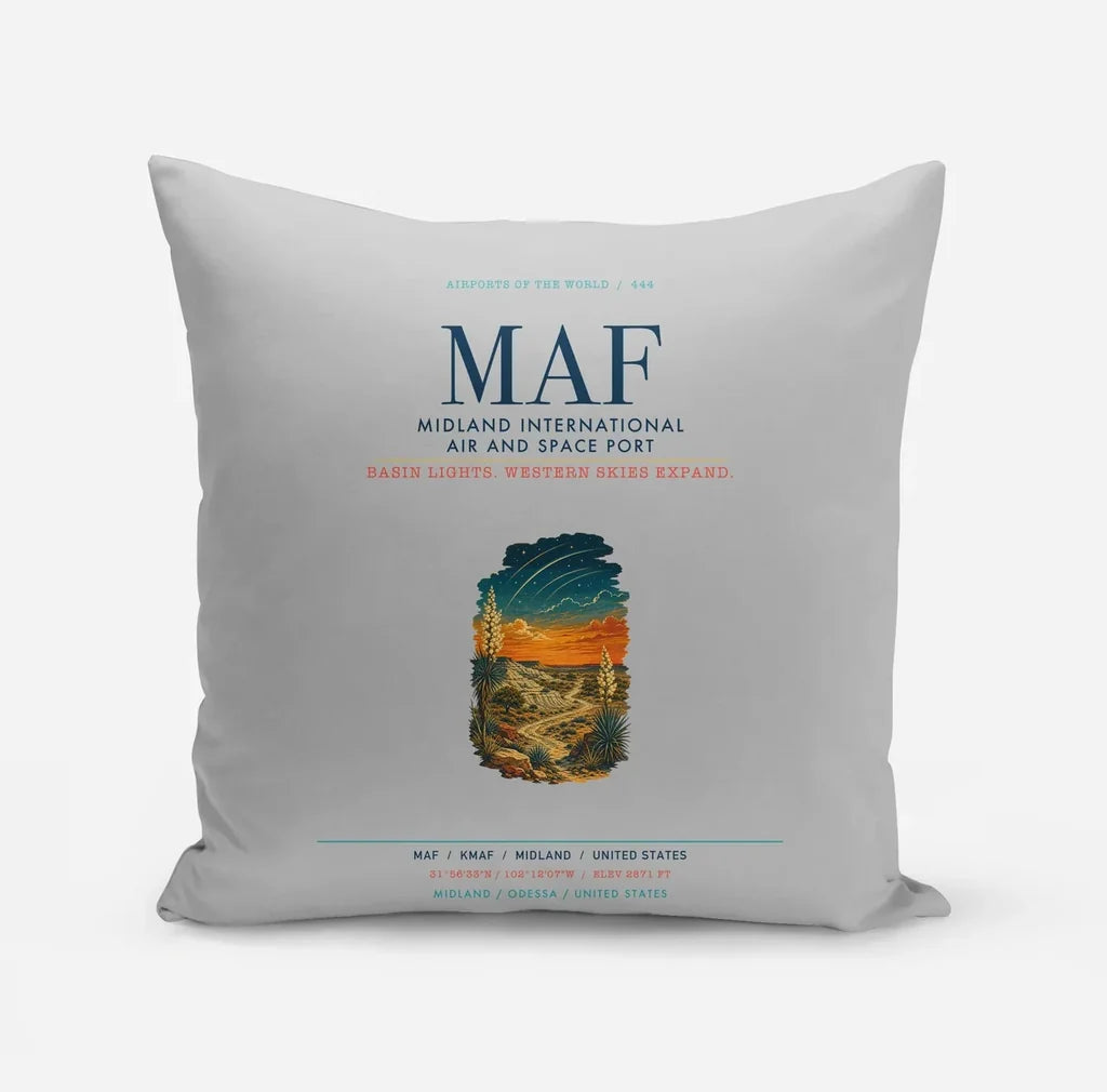 Midland International Air and Space Port (MAF) design on light gray pillow
