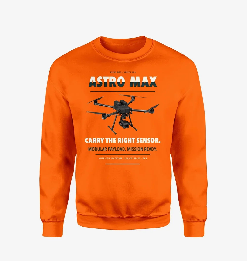 Freefly Astro Max design on orange sweatshirt