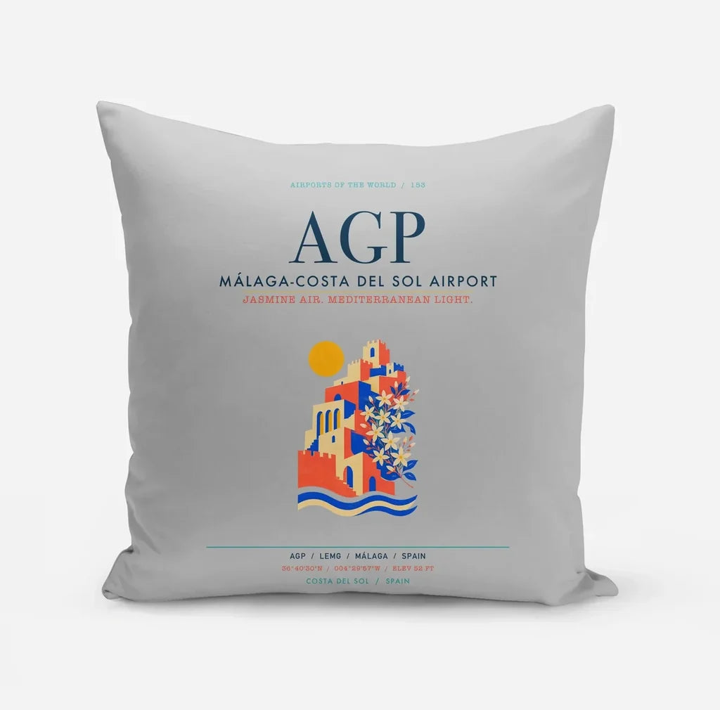 Malaga-Costa del Sol Airport (AGP) design on light gray pillow