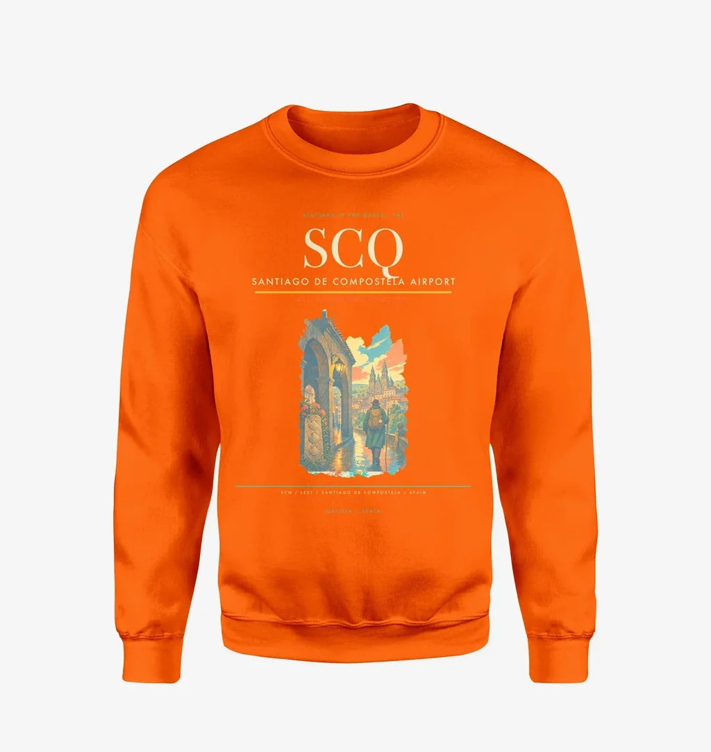 Santiago de Compostela Airport (SCQ) design on orange sweatshirt