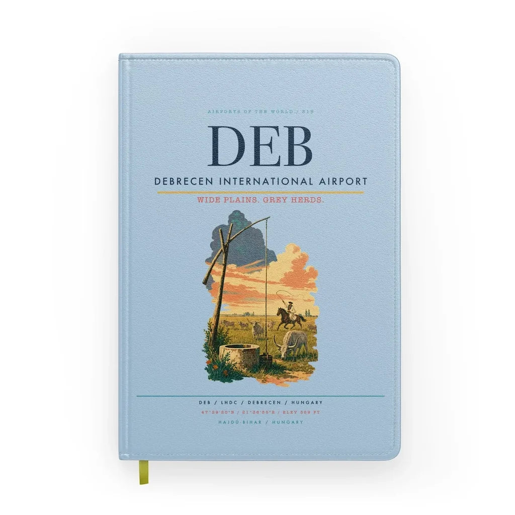Debrecen International Airport (DEB) design on light blue notebook