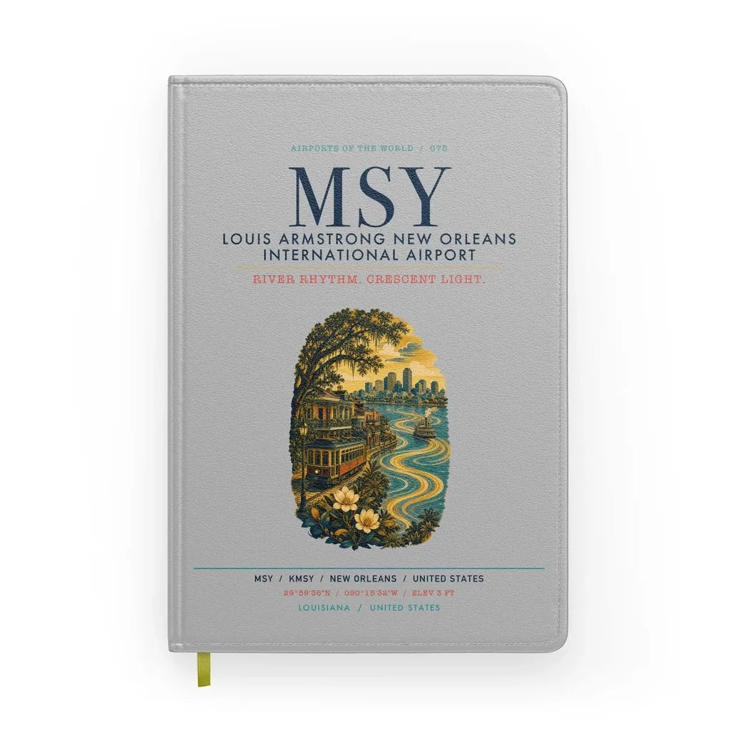 Louis Armstrong New Orleans International Airport (MSY) design on light gray notebook