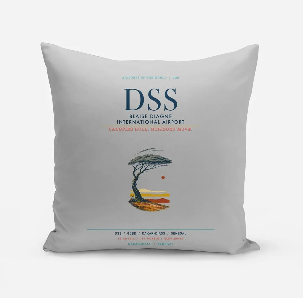 Blaise Diagne International Airport (DSS) design on light gray pillow
