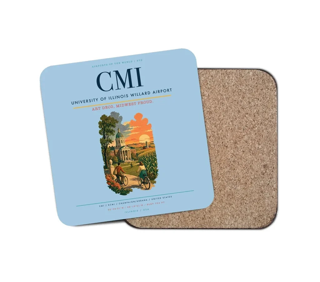 University of Illinois Willard Airport (CMI) design on light blue 1 piece coaster