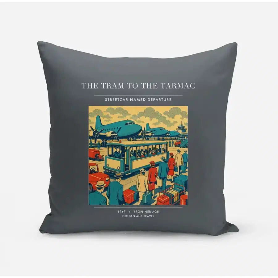 VINTAGE G4372 - The Tram To The Tarmac - Designed Pillows design on gray