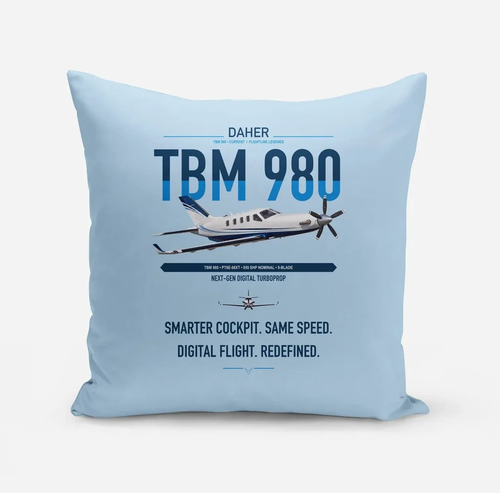Daher TBM 980 design on light blue pillow