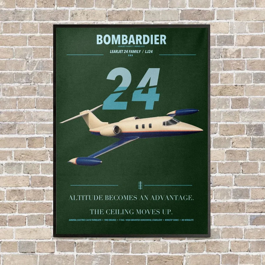 Bombardier Learjet 24 vertical canvas print - framed - dark green background