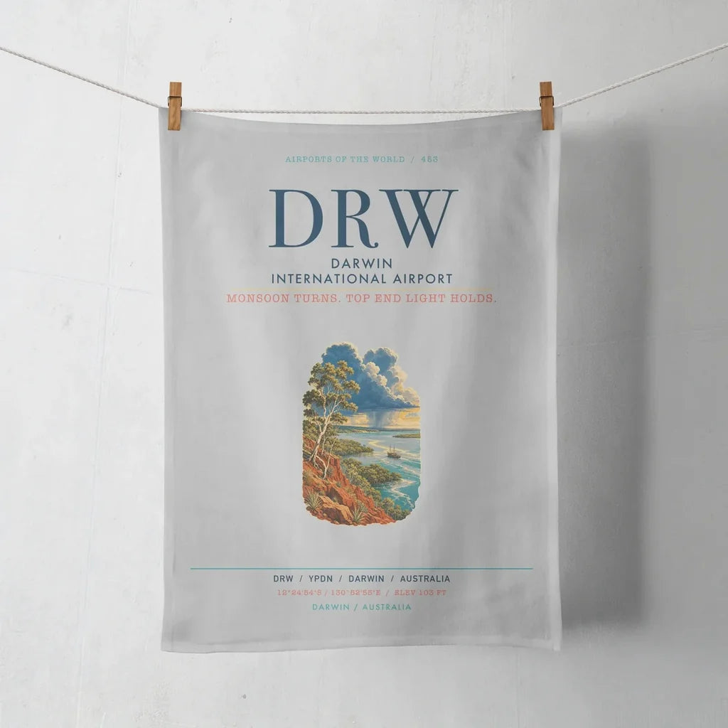 Darwin International Airport (DRW) design on light gray towel