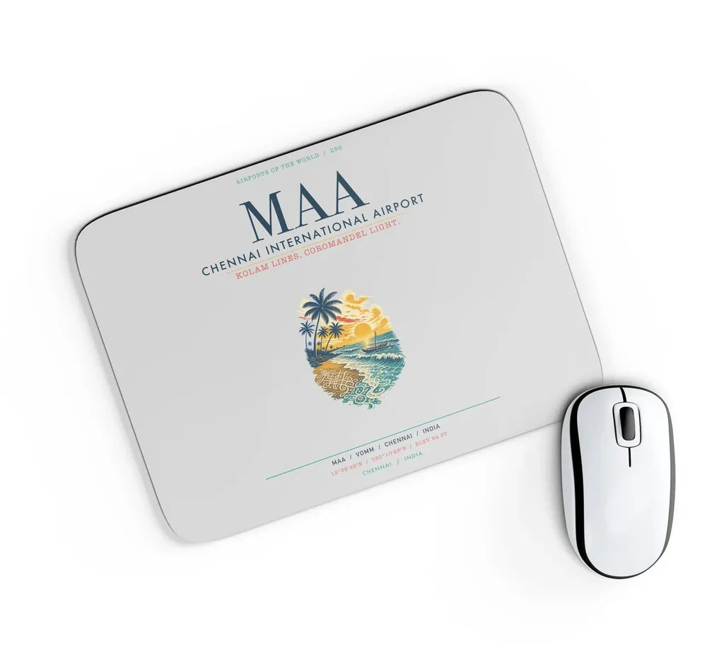 Chennai International Airport (MAA) design on light gray rectangle mouse pad