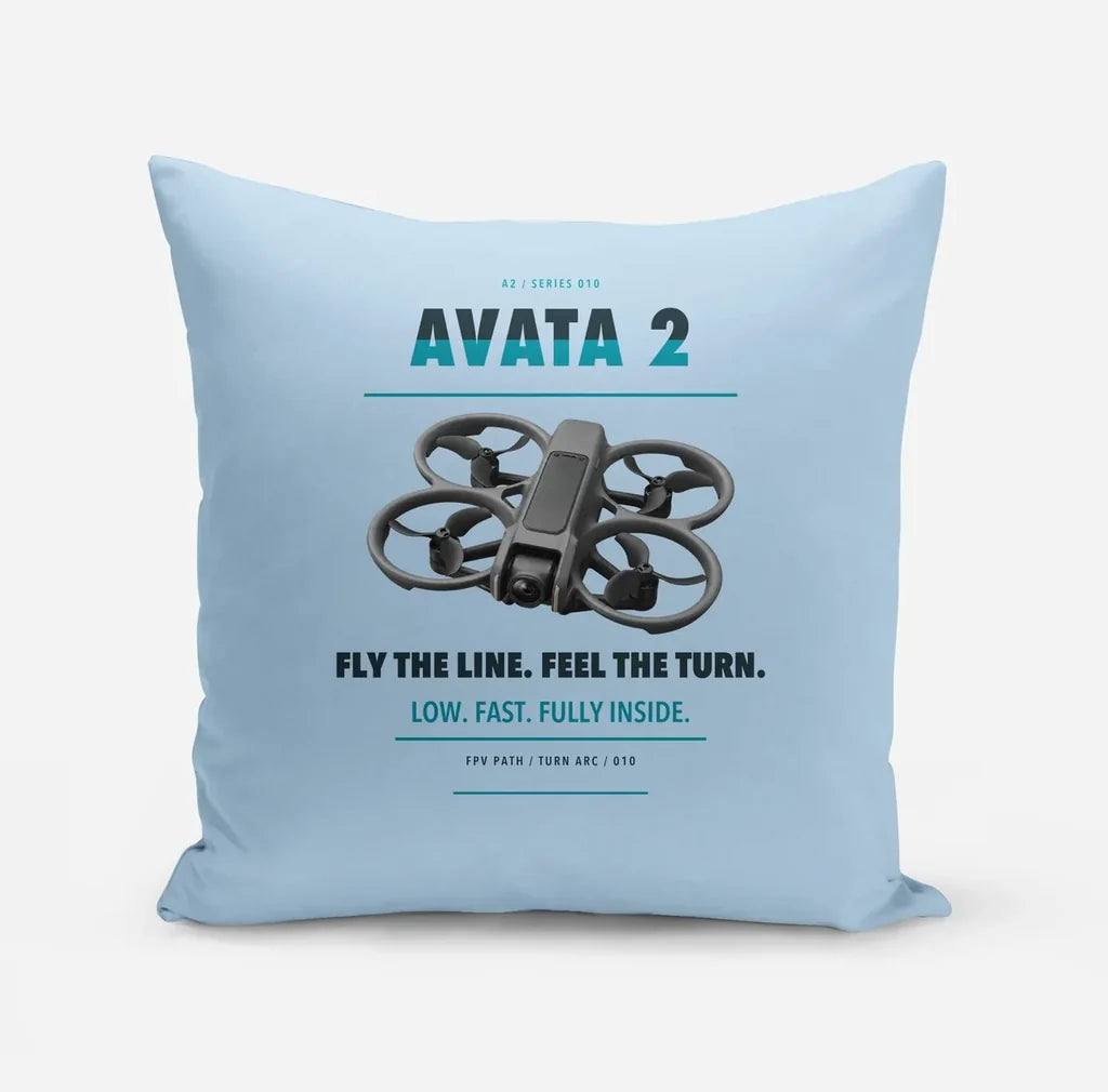 DJI Avata 2 design on light blue pillow