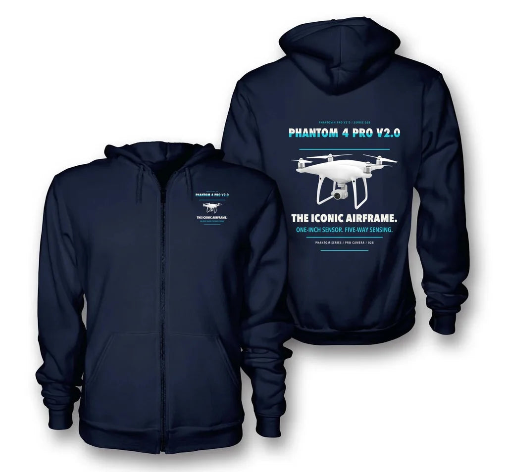 DJI Phantom 4 Pro V2.0 design on navy blue zipped hoodie