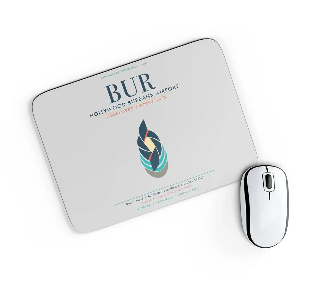 Hollywood Burbank Airport (BUR) design on light gray rectangle mouse pad