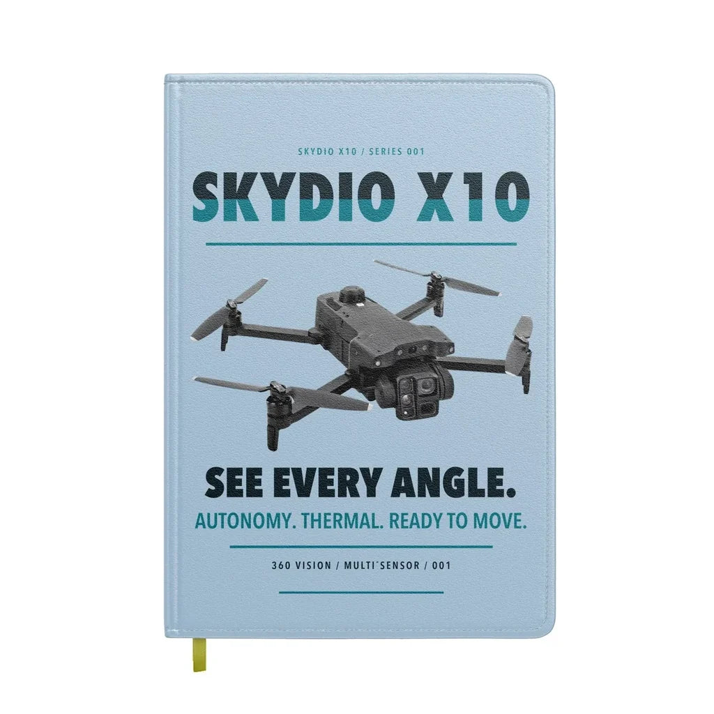 Skydio X10 design on light blue notebook