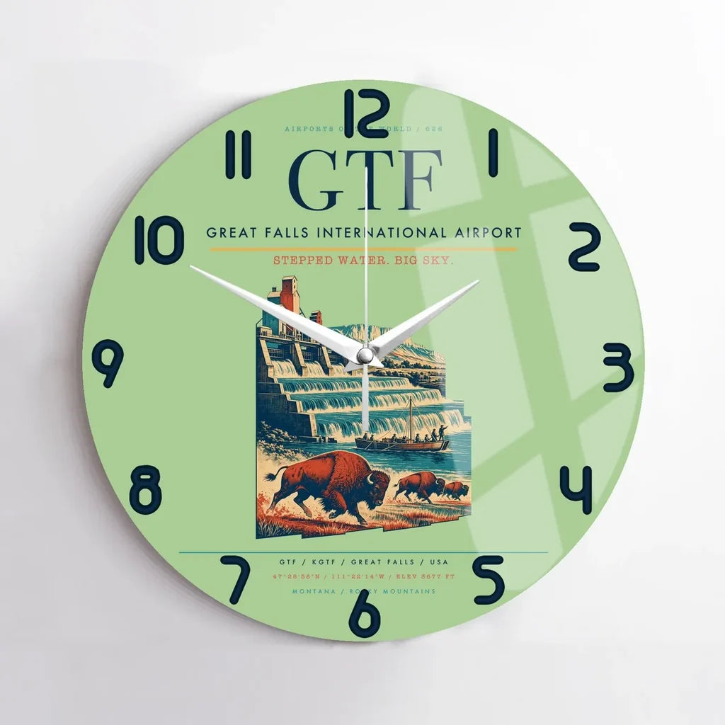 Great Falls International Airport (GTF) design on light green no frame wall clock