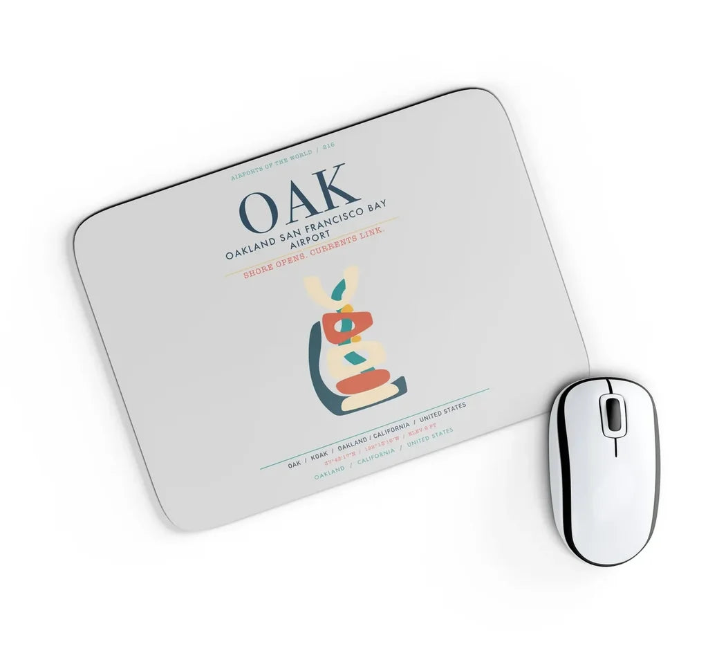 Oakland San Francisco Bay Airport (OAK) design on light gray rectangle mouse pad