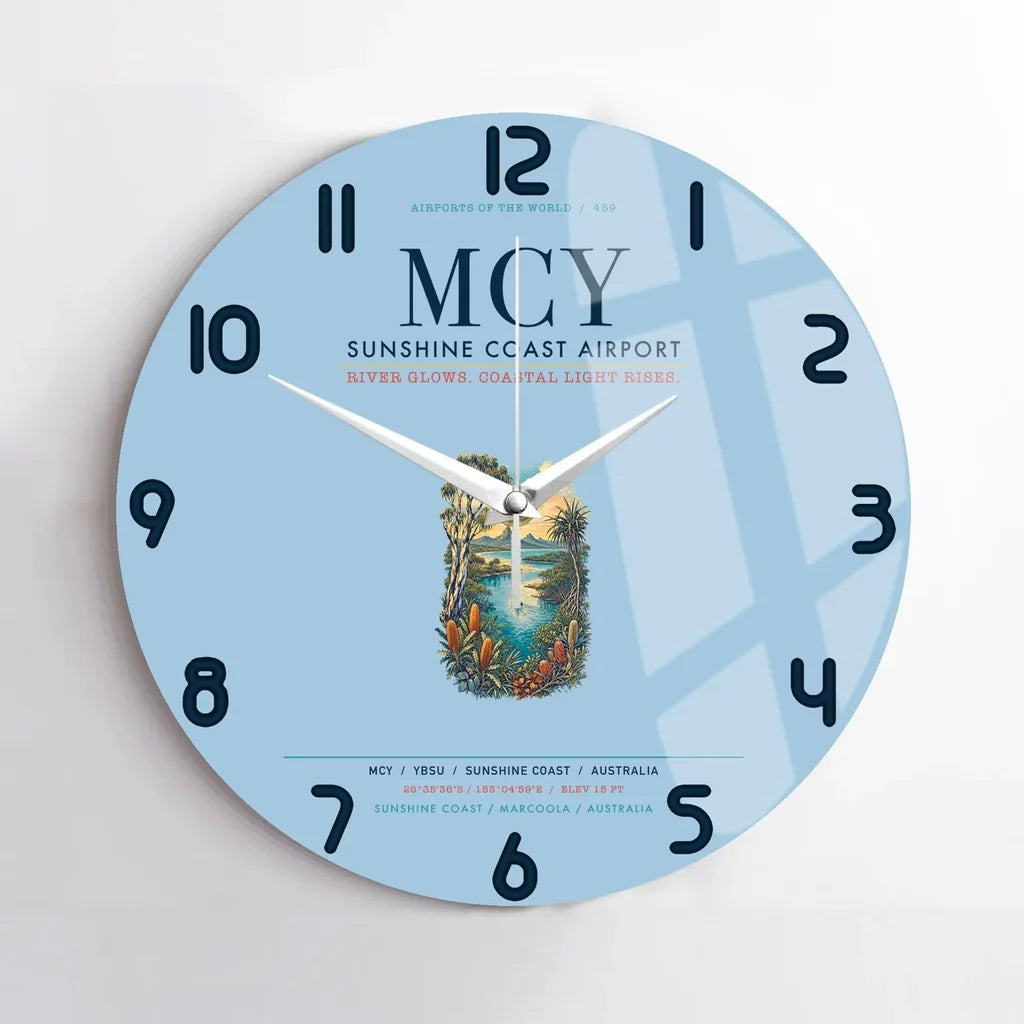 Sunshine Coast Airport (MCY) design on light blue no frame wall clock