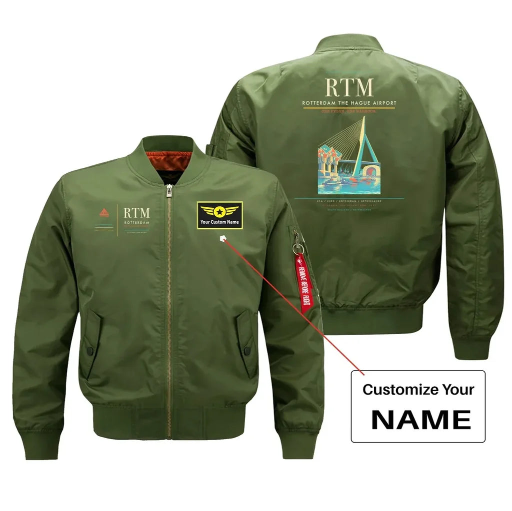 Rotterdam The Hague Airport (RTM) design on green bomber jacket with custom name patch