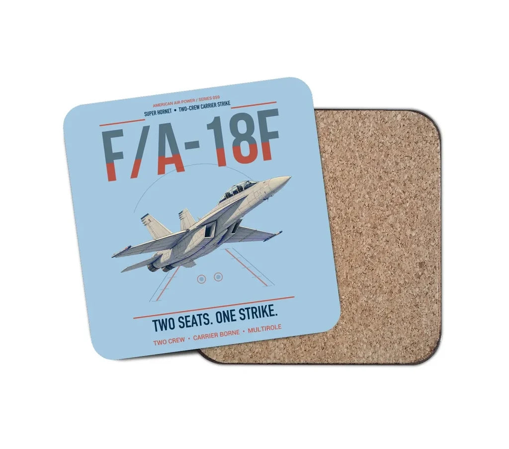 F-A-18F Super Hornet design on light blue 1 piece coaster