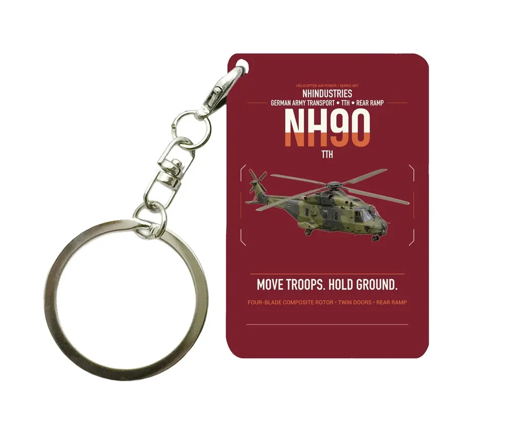 NHIndustries NH90 TTH design on dark red designed key chain, double-side print