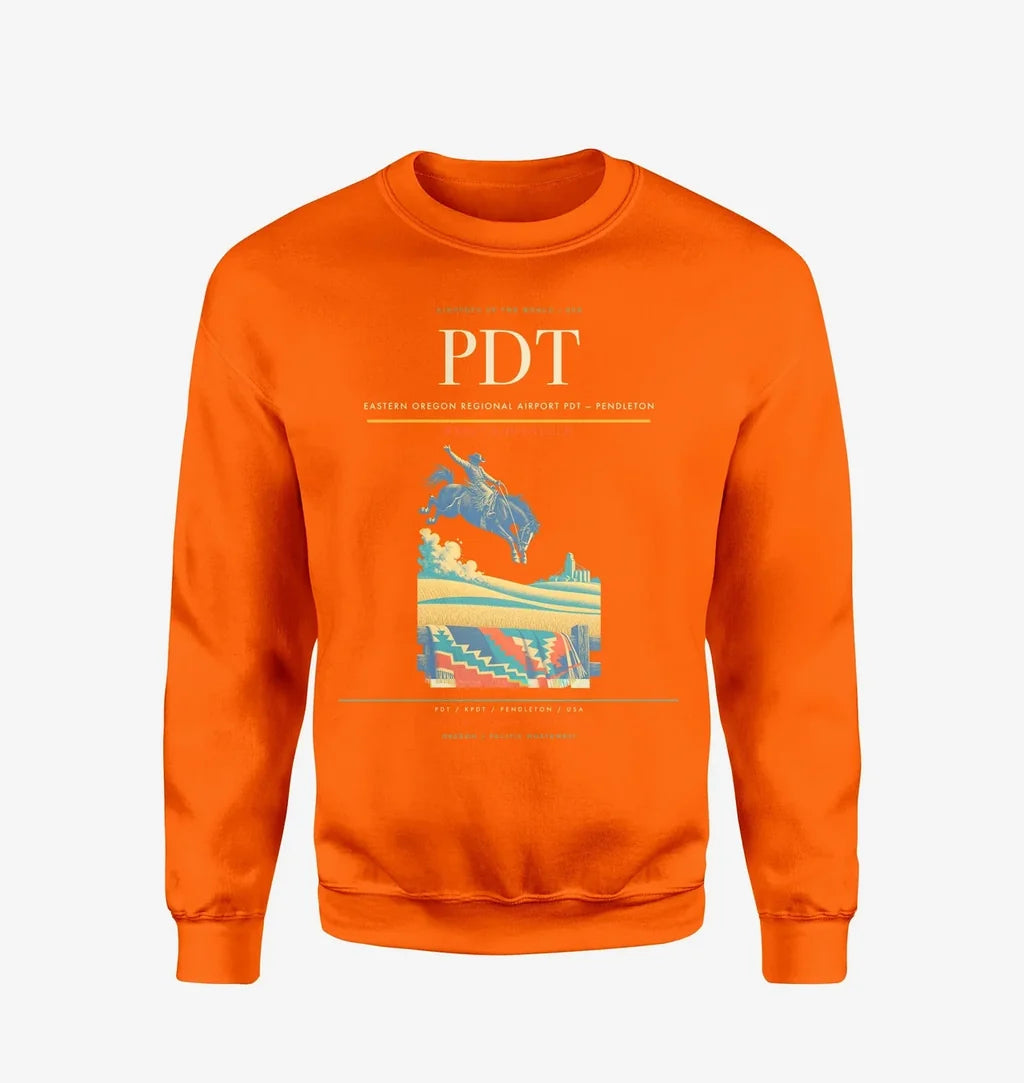 Eastern Oregon Regional Airport (PDT) design on orange sweatshirt