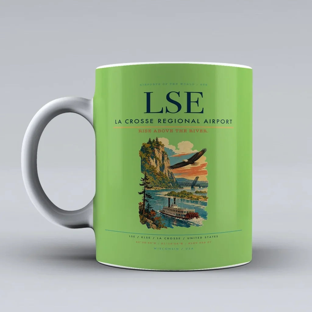 La Crosse Regional Airport (LSE) airport code design on light green ceramic mug
