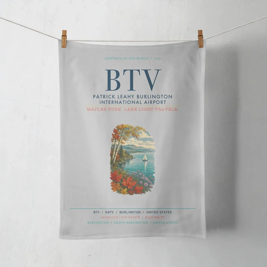 Patrick Leahy Burlington International Airport (BTV) design on light gray towel