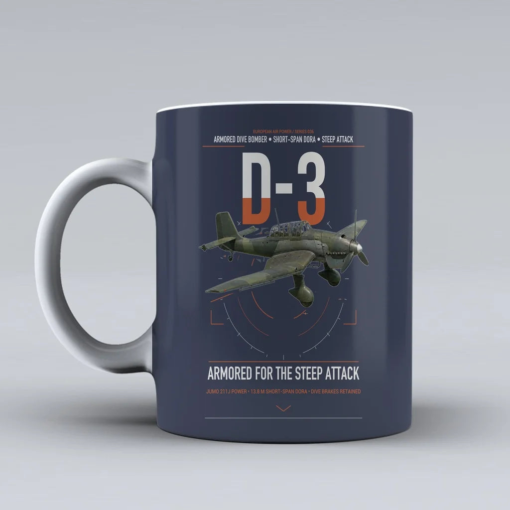 Junkers Ju 87D-3 design on dark blue ceramic mug, double-side print