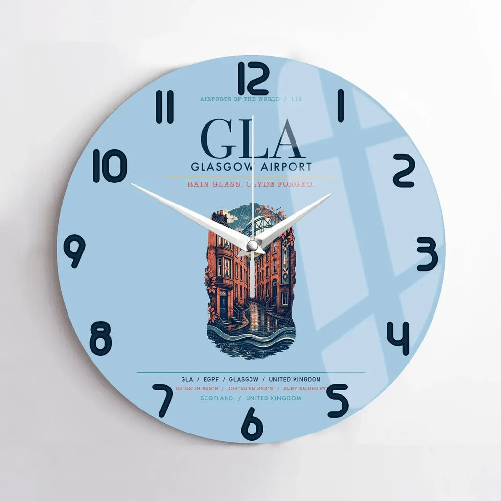 Glasgow Airport (GLA) design on light blue no frame wall clock