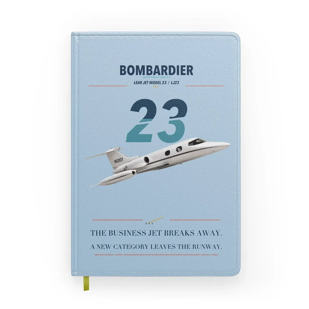 Bombardier Learjet 23 design on light blue notebook
