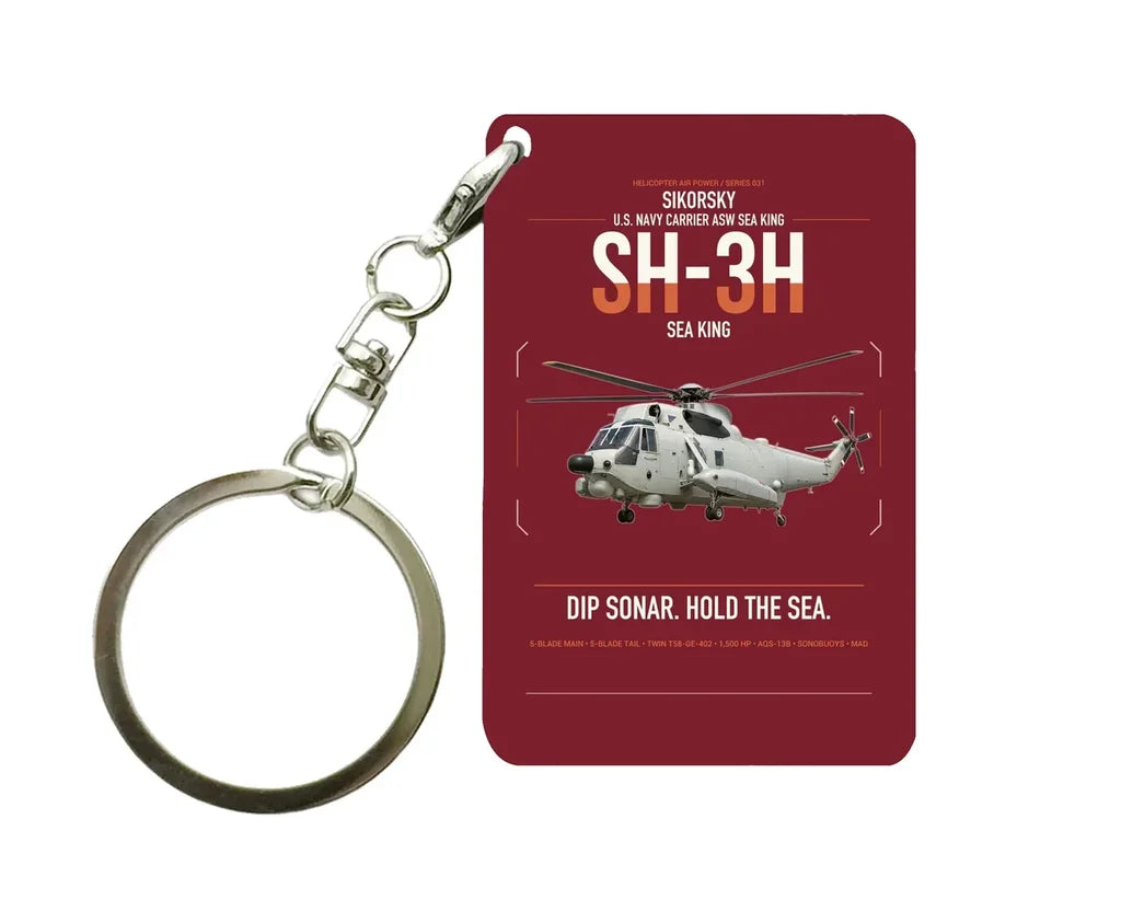 Sikorsky SH-3H Sea King design on dark red designed key chain, double-side print