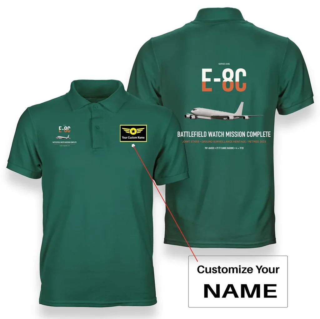E-8C Joint STARS design on green+name double-side polo t-shirt, double-side print
