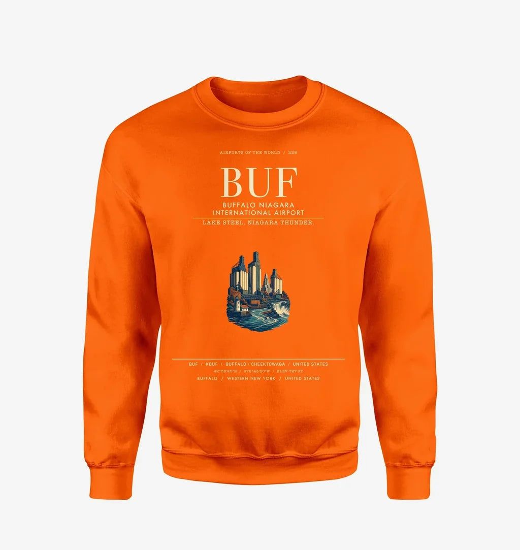 Buffalo Niagara International Airport (BUF) design on orange sweatshirt