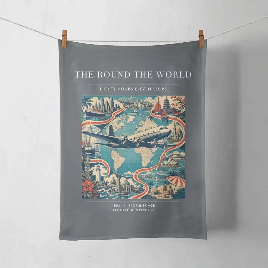 VINTAGE G4100 - The Round The World - Designed Towels design on gray