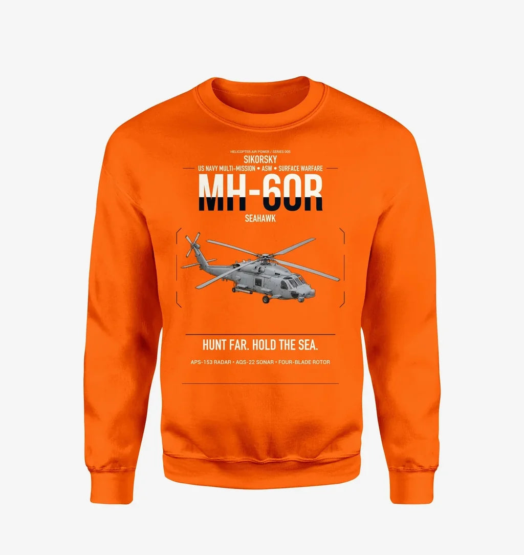 Sikorsky MH-60R Seahawk design on orange sweatshirt