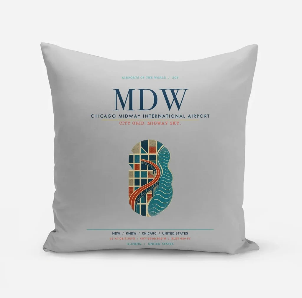 Chicago Midway International Airport (MDW) design on light gray pillow