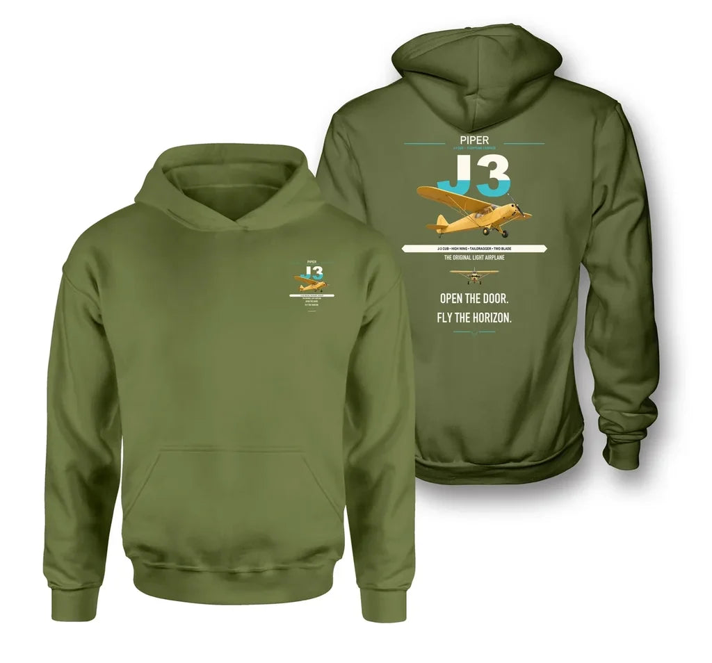 Piper J-3 Cub design on green army double-side hoodie, double-side print