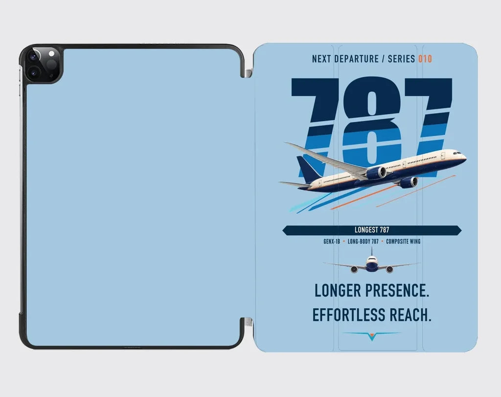Boeing 787-10 Dreamliner design on light blue ipad tablet case