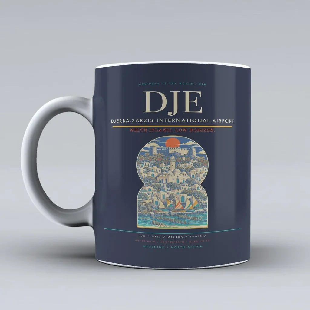 International Airport DJE Mug design on dark blue djerba zarzis