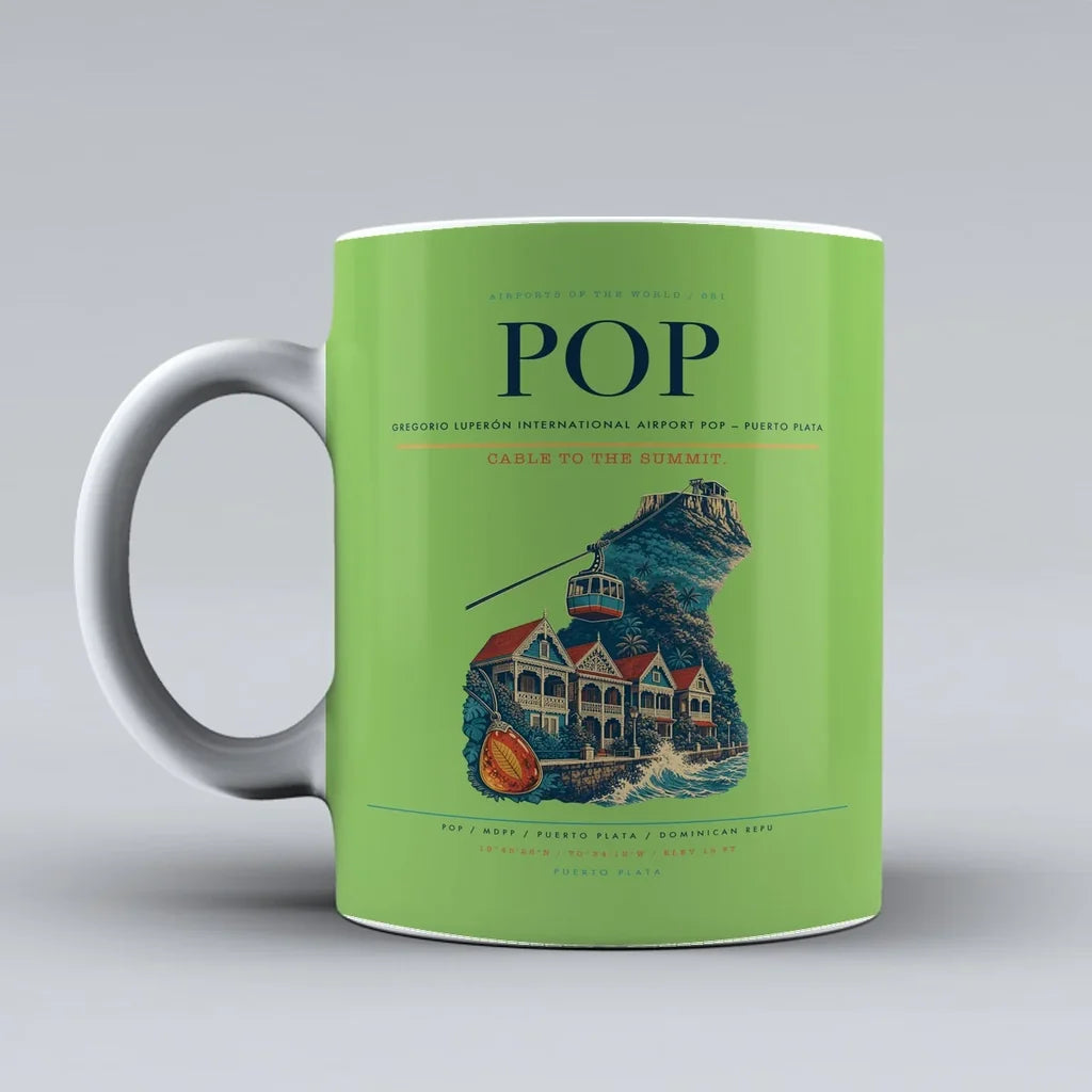 Gregorio Luperón International Airport (POP) airport code design on light green ceramic mug