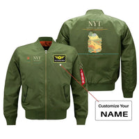 Thumbnail for Naypyidaw Airport (NYT) design on green bomber jacket with custom name patch
